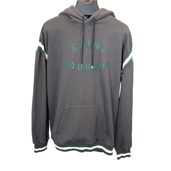 Saint Laurent Other - Saint Laurent Grey Hoodie W/ Green Felt Lettering Striped Accent Sz M